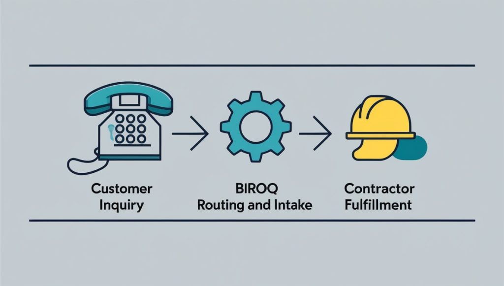 A three-step process graphic showing a customer inquiry being routed through BIROQ Service Alliance to a qualified contractor, illustrating how the service delivery cycle works.