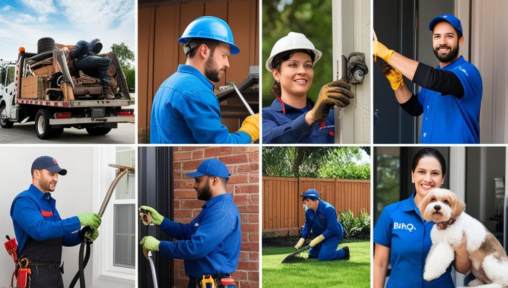 A six-panel collage of local service professionals at work including junk removal, towing, locksmith, pest control, cleaning, and pet grooming, representing BIROQ Service Alliance's supported service categories.