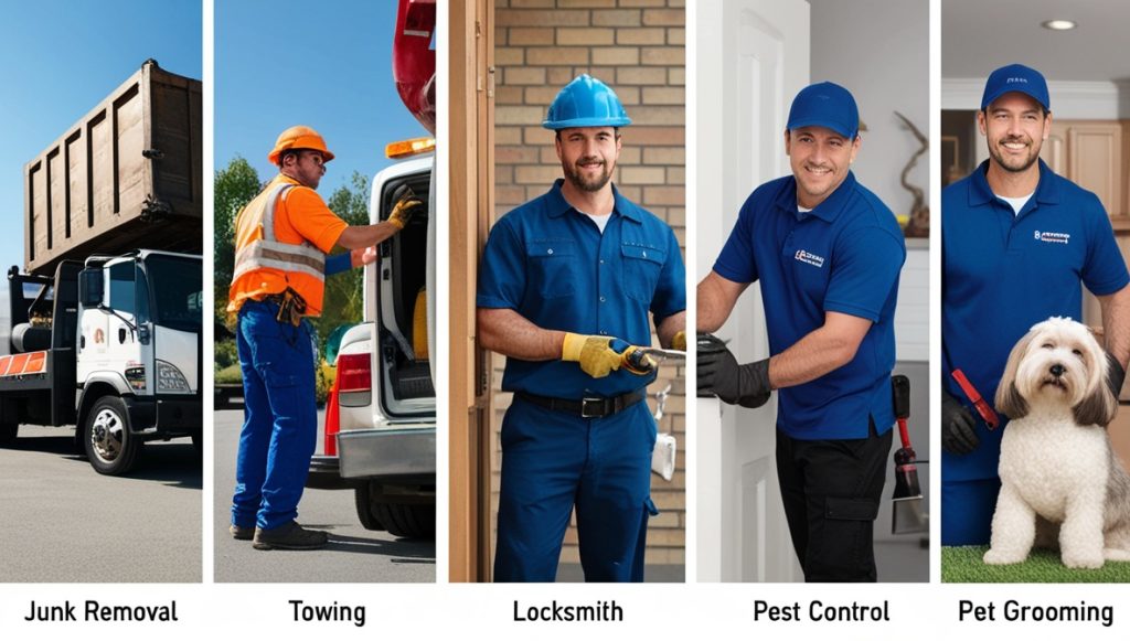service professionals at work including junk removal, towing, locksmith, pest control, cleaning, and pet grooming, representing BIROQ Service Alliance's supported service categories.